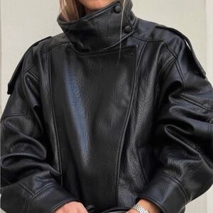 Zara Black High-Collar Faux Leather Jacket